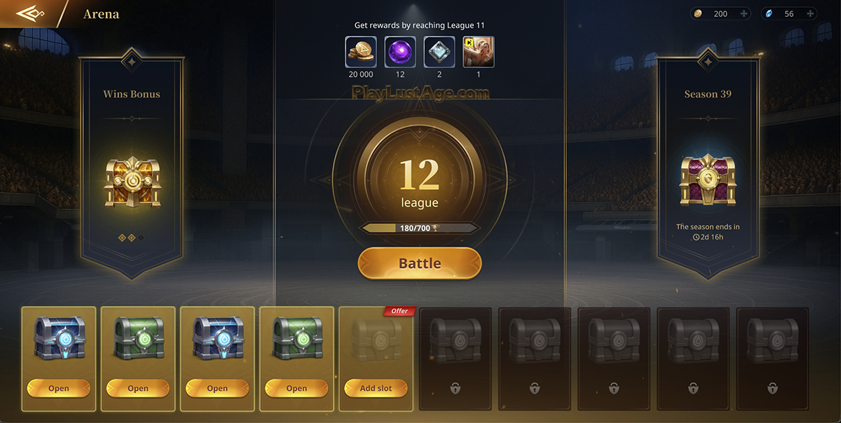 Arena league and rewards screen