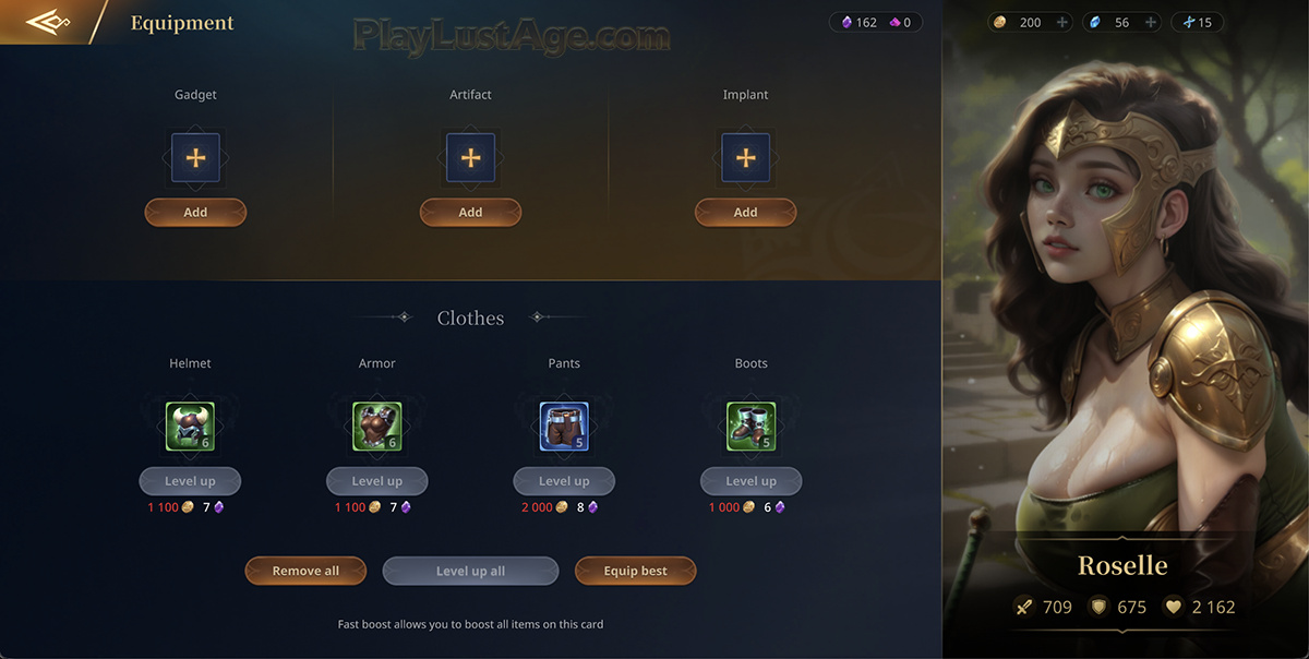 Roselle equipment and upgrade screen