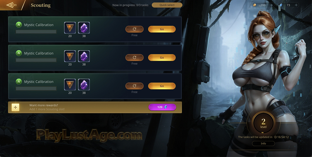 Scouting missions and rewards screen